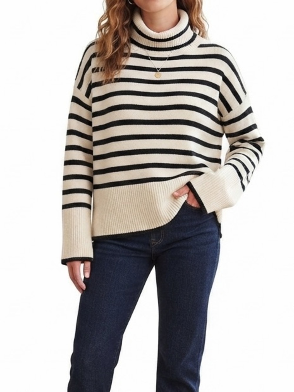 Dreamers Striped Turtleneck Oversized Knit Sweater Small Black White